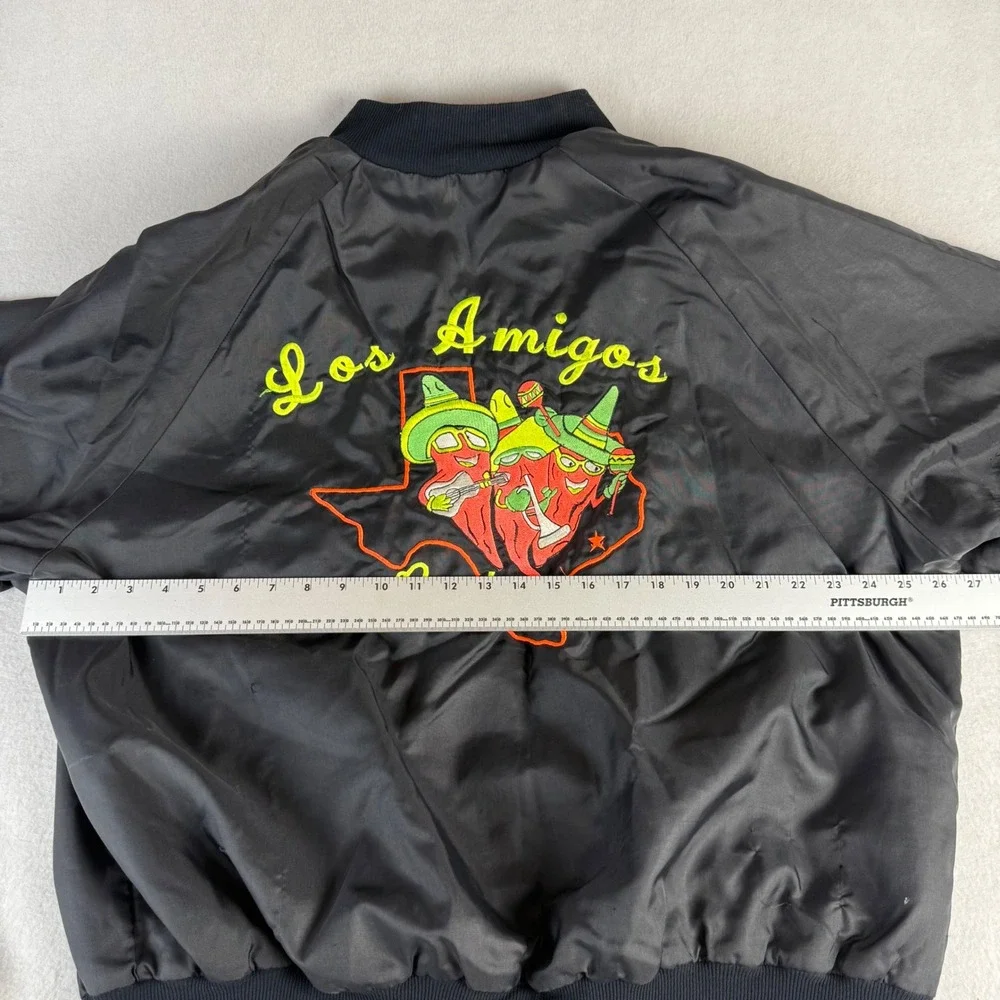 80s Vintage WestArk Los Amigos Team Bomber Jacket Black Satin Mens XL USA